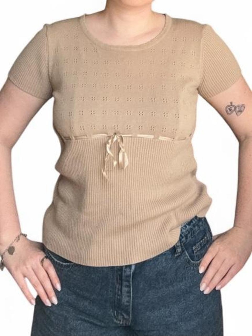 Vintage Cherokee Beige Pointelle Knit Ribbon Tie Top - Size L